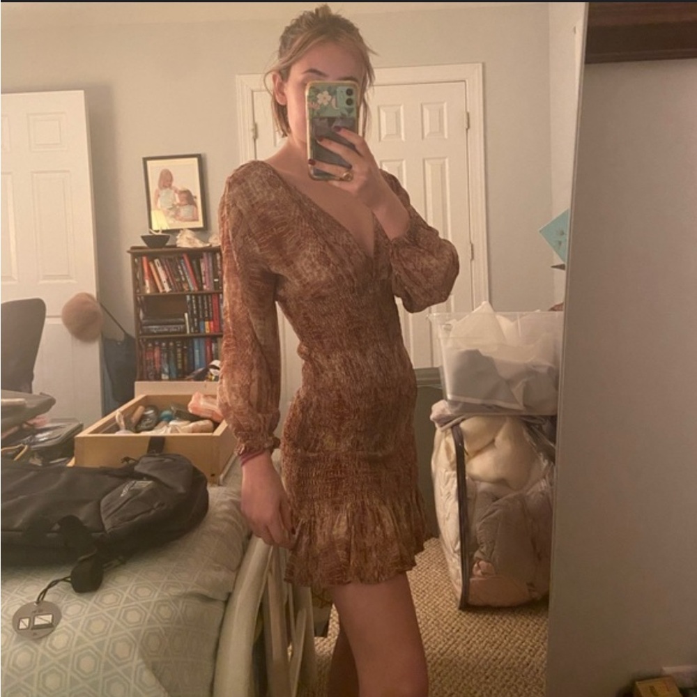Rouched Puff Sleeve Dress with snake skin like pattern. Size small.